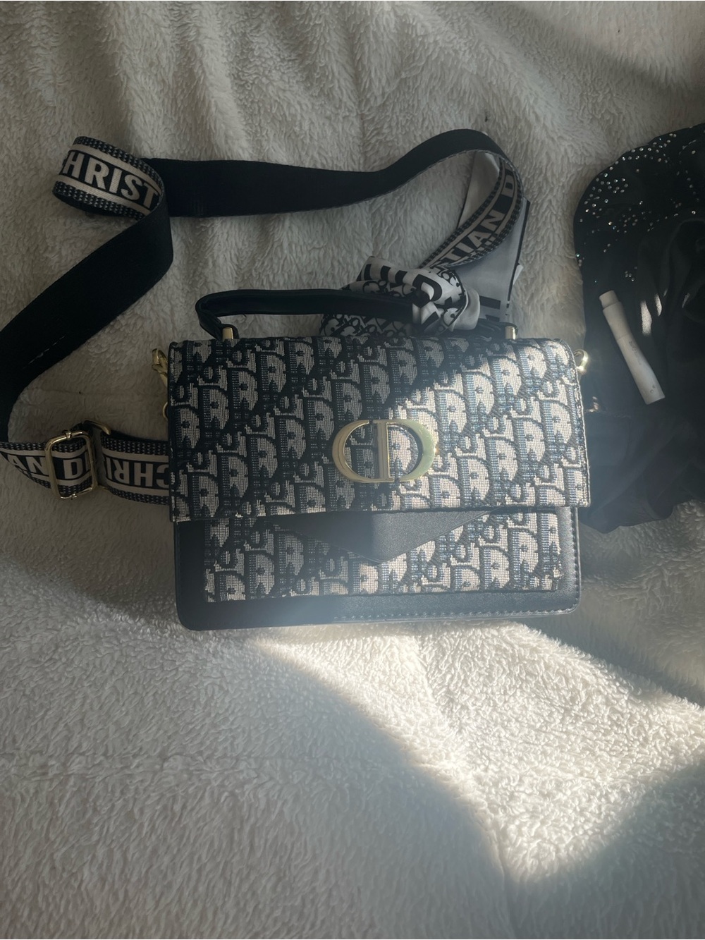 Dior Black & White Oblique Canvas Shoulder Bag with CD Logo